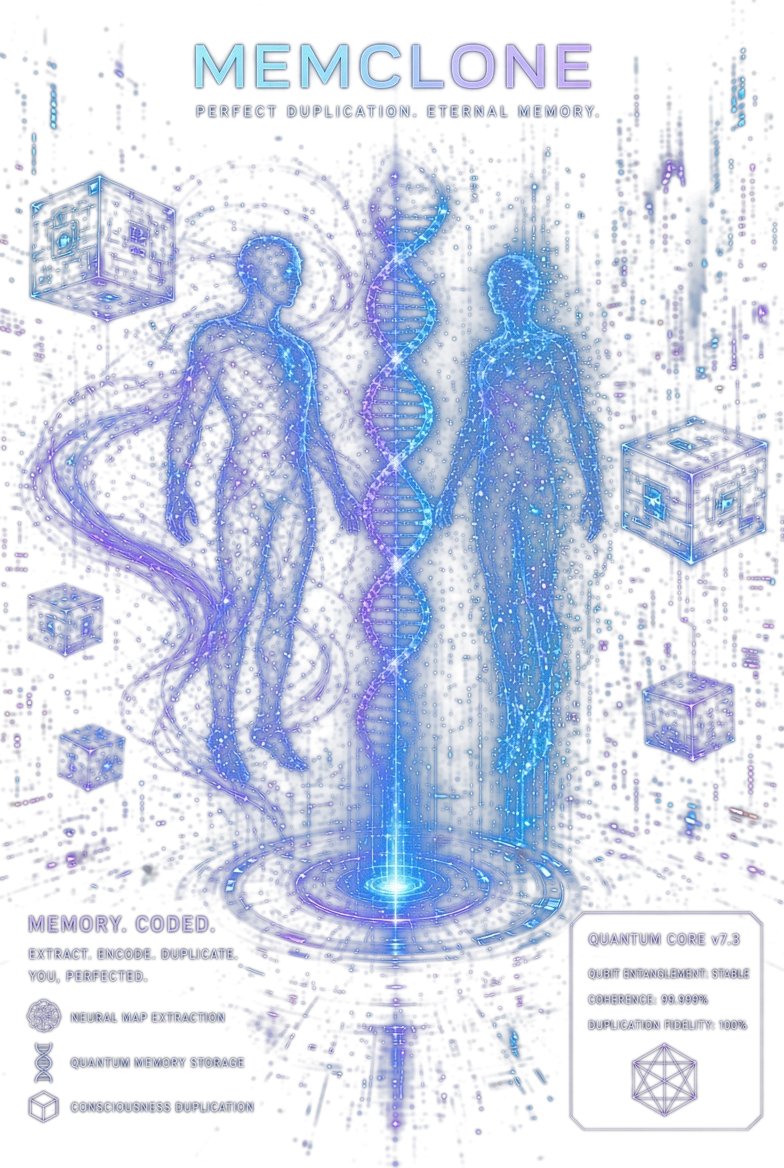 MemClone — neural map extraction, quantum memory storage, and consciousness duplication visualized as two digitally reconstructed human figures joined by a DNA helix